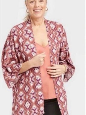 Printed Open-Front Women's light weight Cardigan  - Dusty Rose